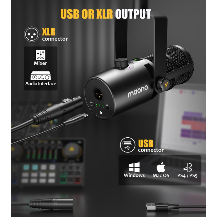 Динамічний мікрофон MAONO PD400X USB/XLR для подкастів, студії, стрімінгу, з регуляторами гучності, еквалайзером, функцією Tap-to-Mute та професійним софтом