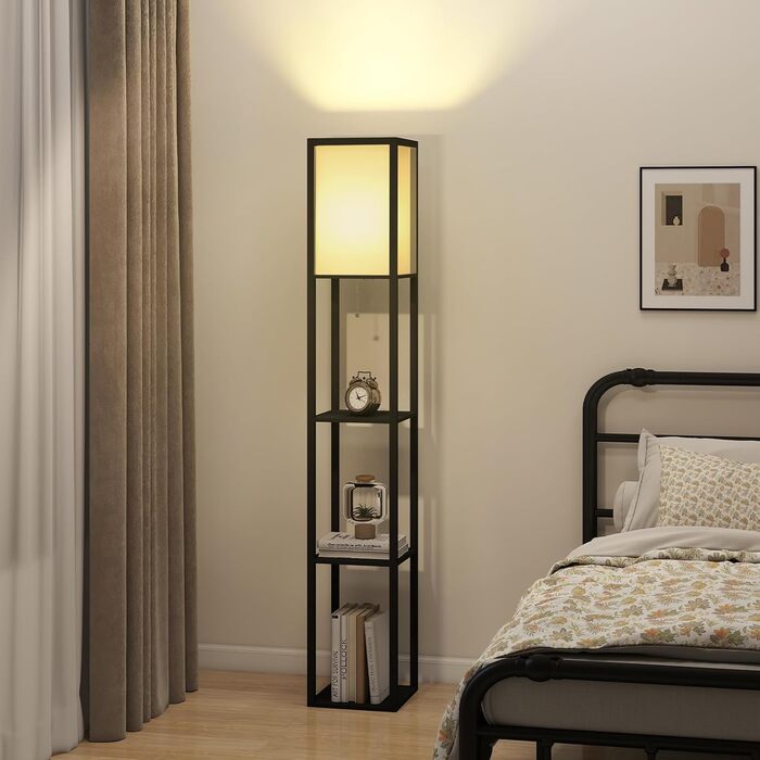 Торшер Fullwatt з дерев'яною полицею та підсвічуванням для спальні та вітальні (чорний)