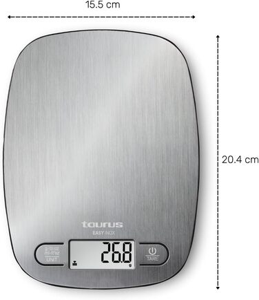 Кухонні ваги Taurus Easy Inox з цифровим дисплеєм, 5 кг, функція тарування, сріблясті, 15x20 см