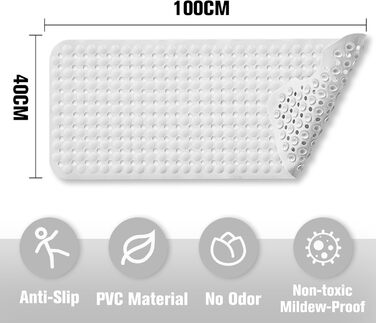 Нековзний килимок для ванної BASVII 100x40 см, 300 присосок, без BPA, можна прати в пральній машині, білий