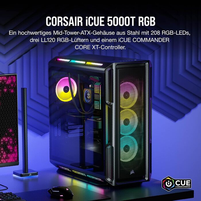 Корпус для ПК Corsair iCUE 5000T RGB, середній ATX, 208 адресованих RGB-LED, підтримка кількох 360-мм радіаторів, 3 вентилятори LL120 RGB, контролер COMMANDER CORE XT, чорний