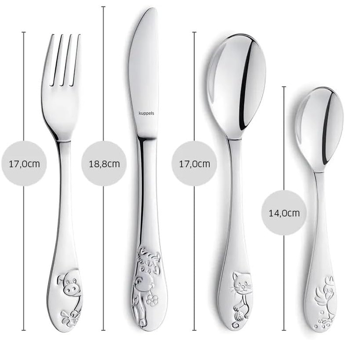 Персоналізований набір дитячого посуду Kinderbesteck (4 предмети) з гравіюванням імені – ніж, виделка, ложка, чайна ложка. Ідеальний подарунок на народження, хрещення, день народження (для любителів фермерської тематики)