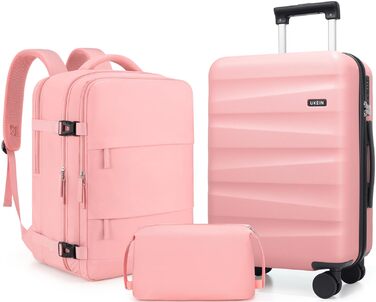 Набір валіз з рюкзаком UKEIN: рожевий, 3 шт. (20 дюймів), з полікарбонату, з TSA-замком, з обертовими колесами, сумісний з авіакомпаніями
