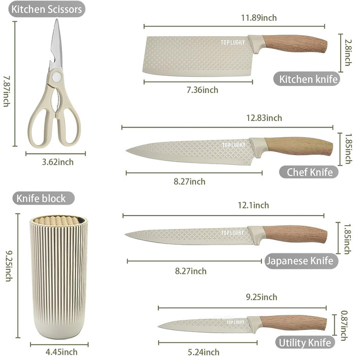 Набір кухонних ножів, 6 предметів, чорний, гострий, з антипригарним покриттям, нержавіюча сталь, з підставкою (Khaki)