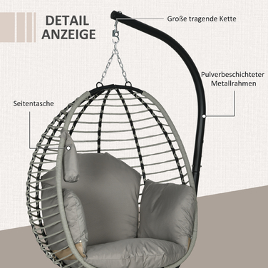 Підвісне крісло-гойдалка з подушками для сидіння та спини, складаний кошик, підсклянник, металевий каркас, сірий колір
