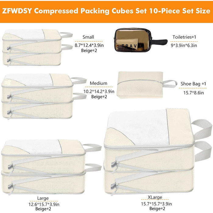 Набір компресійних органайзерів для одягу в дорогу, 10 предметів, стиснення об'єму, дорожній органайзер для валізи та подорожей, бежевий