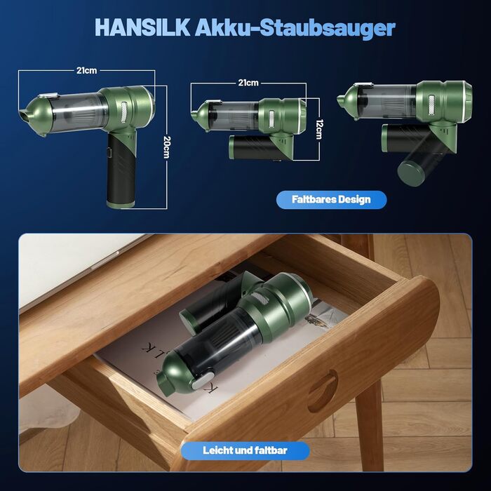 Акумуляторний ручний пилосос HANSILK 4 в 1, бездротовий автомобільний пилосос 25000Па, безщітковий двигун, 3 режими потужності, складаний міні-пилосос для авто, дому, диванів та шерсті тварин