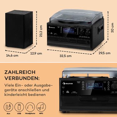 Вініловий програвач Auna з Bluetooth, USB, CD, DAB-радіо, динаміками, ретро-дизайн