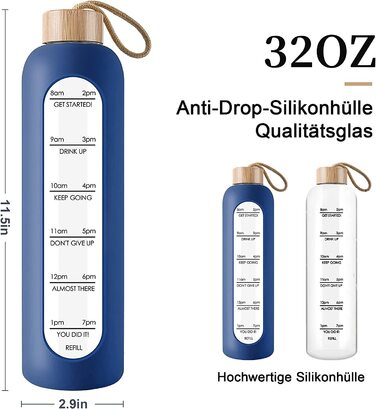 Скляна пляшка для пиття об'ємом 1 л з позначками часу -1 літр герметична спортивна скляна пляшка для води з бамбуковою кришкою для занять спортом, відпочинку, 1000 мл багаторазова небитка скляна пляшка для пиття з силіконовим покриттям (d синій)