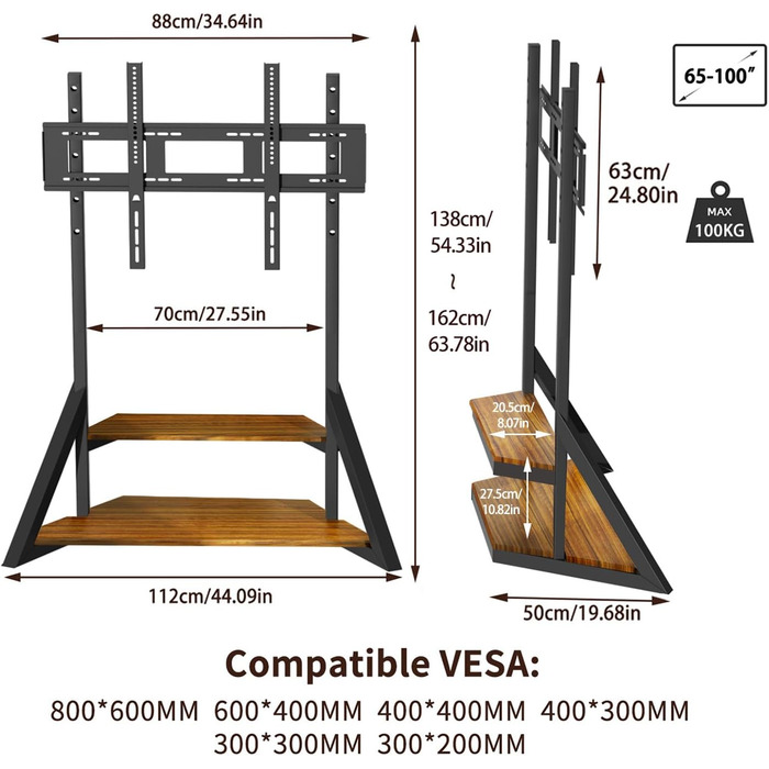 Стійка для телевізора Boden 65-100 дюймів з поличкою, чорна, VESA 800x600, модель VC-Z1188