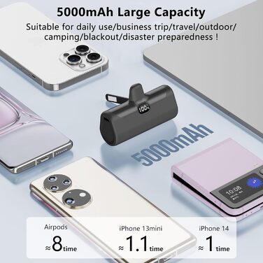 Підставка та світлодіод, сумісний з iPhone 14/13/12/11/XS/XR/8/7 (чорний), 5000mAh