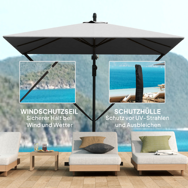 Парасолька Outsunny Centilever Ø260 см із захистом від ультрафіолету 50+ Водовідштовхувальна кривошипна парасолька з підставкою, чохлом, кривошипом, вітрозахисним склом, ринковою парасолькою Нахилена садова парасолька для балконного патіо сірого кольору |