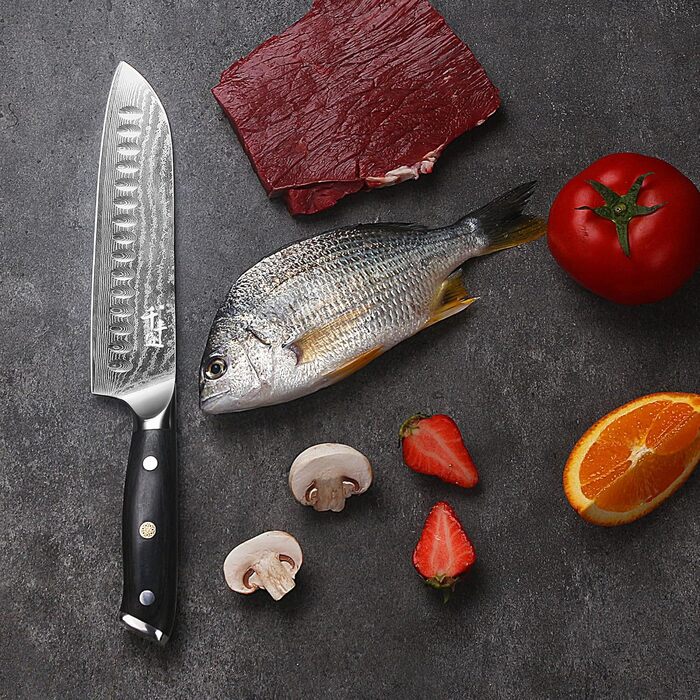 Дамаскенський сантоку 18 см - професійний ніж для кухні з дерев'яною ручкою, високовуглецева сталь, VG10, нержавіюча сталь