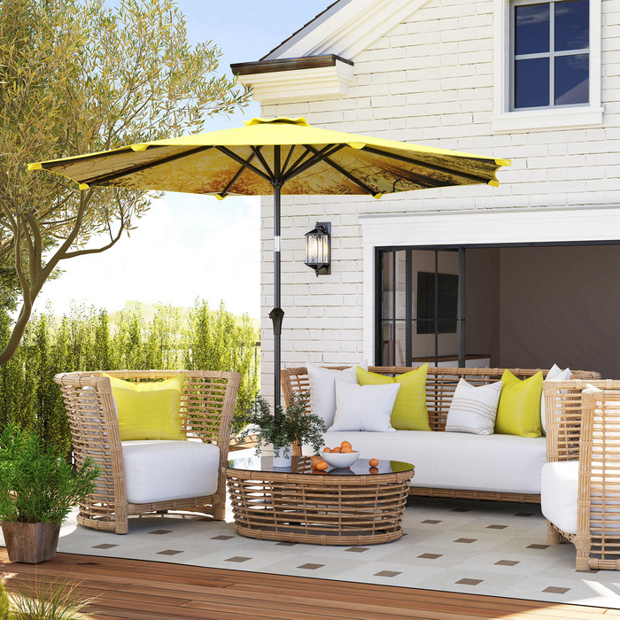Outsunny Parasol Ø300 см, Парасолька з ручною рукояткою, візерунок, восьмикутний балкон Парасолька Пляжна парасолька Вітрозахисна стайня Ринкова парасолька Парасолька Сонцезахисний козирок для пляжу Балкон Патіо Сад, жовтий | Аосом