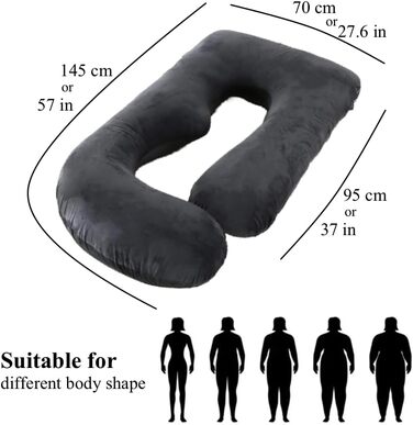 Подушка для вагітних ALLOPERA, анатомічна подушка для всього тіла (145 см) знімним чохлом з велюру для підтримки спини, ніг та живота, чорна