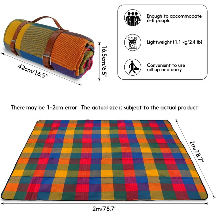 Ковдри для пікніка 200 x 200 см дуже велика ковдра для пікніка вуличний килимок для мобільного телефону водонепроникна ковдра сімейний вуличний дорожній килимок портативний трав'яний ковдру піщаний пляжний килимок (в клітку з веселкою)