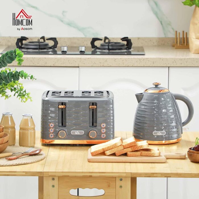 Набір для сніданку HOMCOM: чайник 1.7л, тостер на 4 тости, 2200W, 7 рівнів підсмажування, функція розморожування та підігріву, зйомний піддон для крихт, сірий