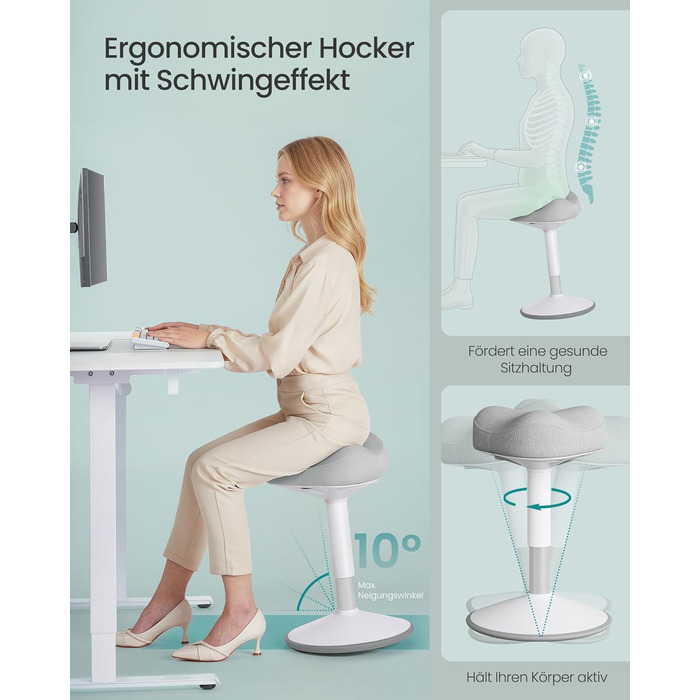 SONGMICS Стілець-табурет для стоячи, регульована висота 48-65.5 см, обертовий, сірий, для офісу та дому (OSC018BH01)