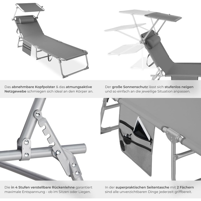 Лежак для відпочинку Tectake®: складаний, портативний, з кишенею, для балкона, тераси, кемпінгу (сірий)