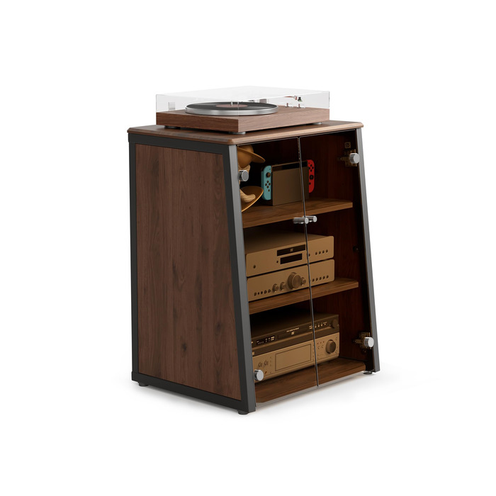 FITUEYES СТЕЛЖ-стійка HiFi з дверцятами з скла, стіл для програвачів, регульовані полиці для аудіообладнання (66 x 65 x 81 см)