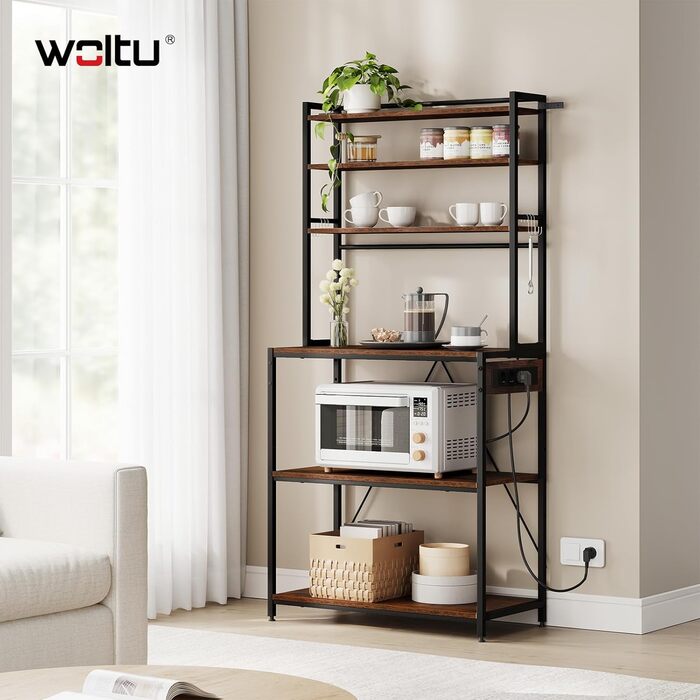 Кухонна полиця WOLTU з 6 ярусами, з розетками, для мікрохвильовки, з металевим каркасом, регульовані полиці, чорний+рустичний коричневий, 60 x 167 x 40 см (чорний+вінтажний коричневий, 80 x 39,5 x 167 см)