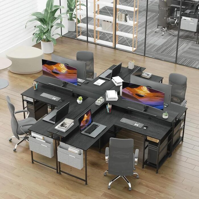 Ігровий кутовий стіл L-подібний з LED-підсвічуванням та розетками, 140x140 см, реверсивний комп'ютерний стіл з підставкою для монітора, 4 полиці та бокові кишені для дому та офісу (Чорний, 140x140x85 см)