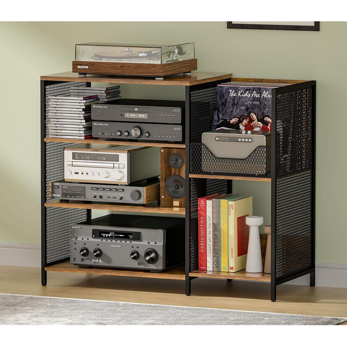 Підставка для програвача вінілу з місцем для зберігання платівок, до 200+ альбомів, медіа шафа, консольний столик, стійка для стерео, тумба, AV-стійка. Колір: русявий, розмір: великий