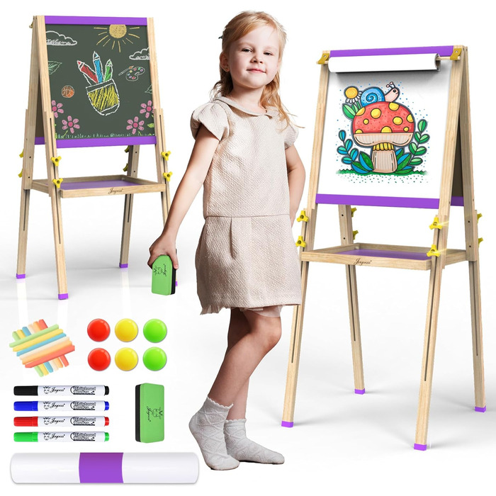 Мольберт Joyooss для дітей, регульований, дерев'яний, двосторонній, сухий маркер, з аксесуарами для малювання, подарунок для малюків 4-8 років (РОЖЕВИЙ)