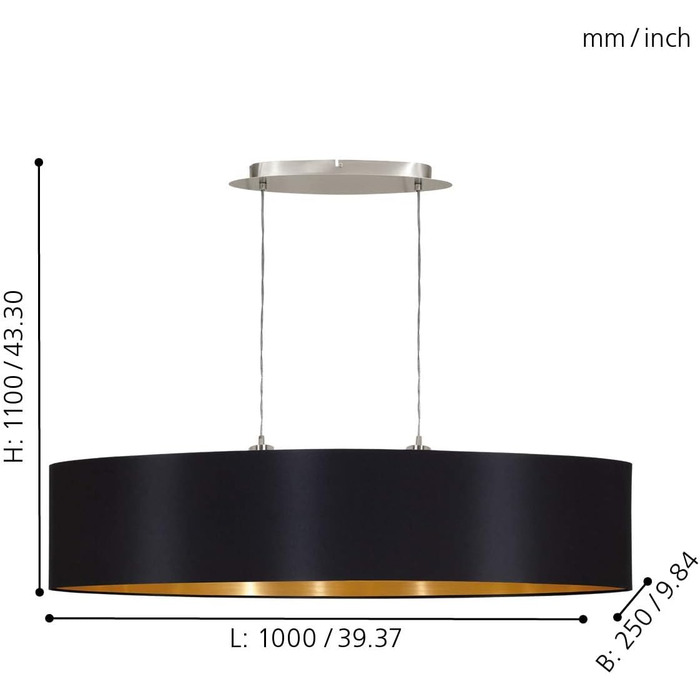 Підвісний світильник EGLO Maserlo, текстильний підвісний світильник на 2 полум'я, овальний підвісний світильник зі сталі та тканини, колір матовий нікель, чорний, золотий, цоколь E27, L 100 см Підвісний світильник, довжина 1 000 мм