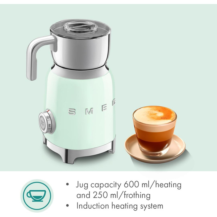 Пінсувальник молока Smeg MFF11PGEU, багатофункціональний, індукційний, 6 програм, ручний режим, скляна колба 600 мл, мірна кришка, вбудований переливання, 500W, пастельно-зелений