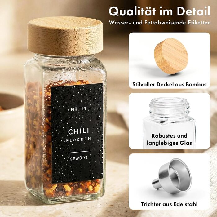 Набір бамбукових скляних баночок для спецій (24 x 120 мл) з ситечком та 240 етикетками. Організатор для спецій, контейнери для спецій, баночки для спецій. Розміри: 11x4,5 см