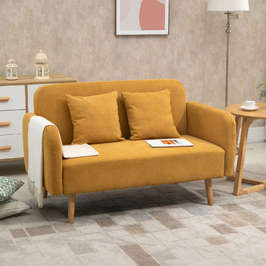 HOMCOM Подвійне диван-крісло Loveseat з подушками, регульовані підніжки, оксамитоподібний поліестер, піна, компактний дизайн, 2-місний, Натуральний+Жовтий| Aosom