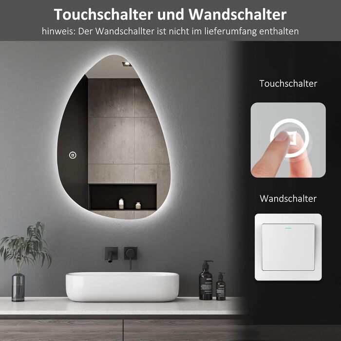 Асиметричне дзеркало для ванної кімнати Boromal з підсвічуванням 80x80 см, LED, сенсорний вимикач, 3 кольори, регулювання яскравості