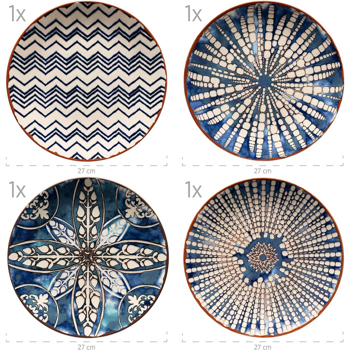 Обідній сервіз із 12 предметів на 4 персони в мавританському стилі, набір тарілок із різноманітними вінтажними візерунками в білому та синьому кольорах, керамограніт 934017 Iberico Blue