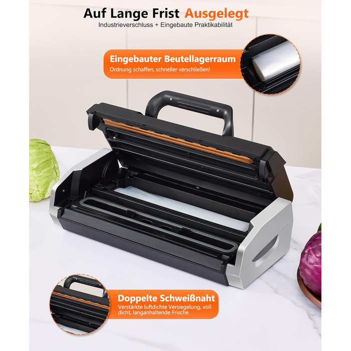 Вакууматор MZROT для продуктів харчування, -95кПа, 230Вт, з подвійним швом, 10 режимів (сухий/вологий), вбудованим різаком, чорно-сріблястий (в комплекті рулон та 15 пакетів)