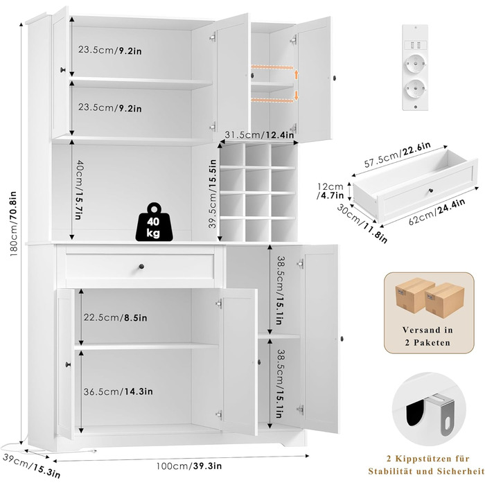 Кухонна шафа FirFurd 180 см з LED-підсвічуванням, буфет, sideboard з розеткою, стільниця, вітрина для 12 пляшок вина, білий колір, 180x100x39 см