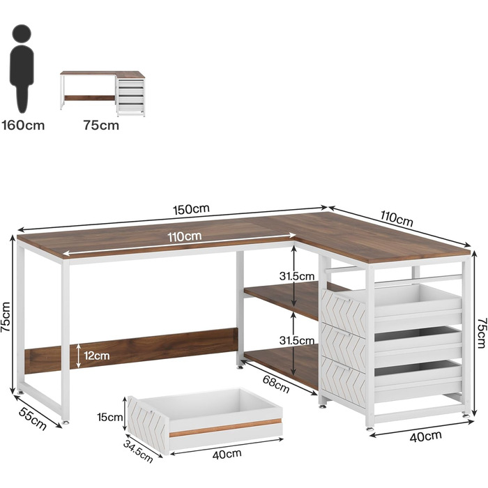 Письмовий стіл Tribesigns L-подібний з 4 висувними ящиками, комп'ютерний стіл з 2 полицями, кутовий стіл з місцем для зберігання для офісу, кабінету, вітальні, 150×110×75 см (горіх & білий)