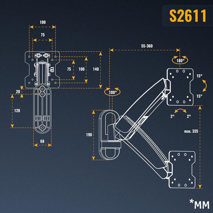 Кріплення для монітора RICOO S2711: поворотне, на газовій пружині, 13-34 дюйми, регулювання висоти, VESA 75/100, для комп'ютера, телевізора