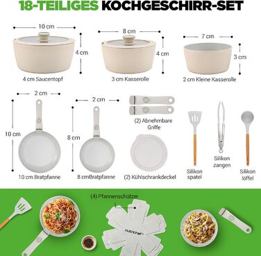 Набір посуду NutriChef 18 частин з кераміки кремового кольору з знімними ручками. Підходить для індукційних плит, всіх типів плит, духовок. Антипригарне покриття, компактний, можна складати.