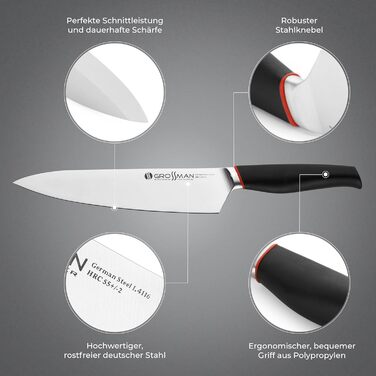 Набір кухонних ножів Grossman Bryant Messerblock 5-piece – набір з 5 ножів з нержавіючої сталі, чорні ручки, підставка з дерева, колір мідно-коричневий, антиковзне покриття