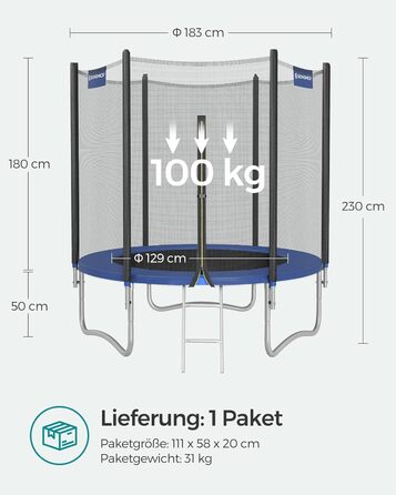 Батут SONGMICS вуличний Ø183/244/305/366/427 см, дитячий садовий батут з захисним покриттям, сіткою, драбиною та м'якими стійками (183 см, Синій)