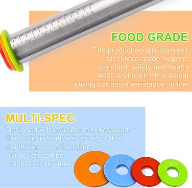 Регульована качалка з товстими кільцями, гладка антипригарна голка з нержавіючої сталі та килимок для випічки тіста, піци, торта, тістечок, макаронів, печива, помадки