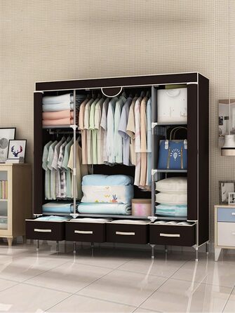 Тканинна шафа для спальні,Вішалка для одягу з висувними ящиками,Складна вішалка для одягу 150 x 45 x 170 см (кавово-коричневий)