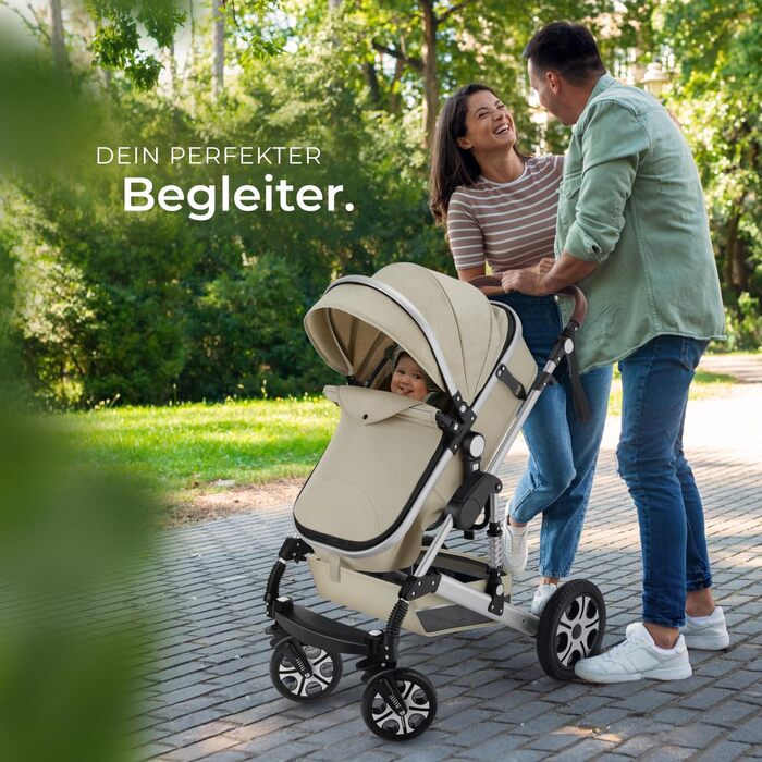 Дитяча коляска Tectake 2 в 1: розкладний візок-ліжко з підніжкою, тримачем для напоїв, люлькою та дощовиком (сірий/бежевий)