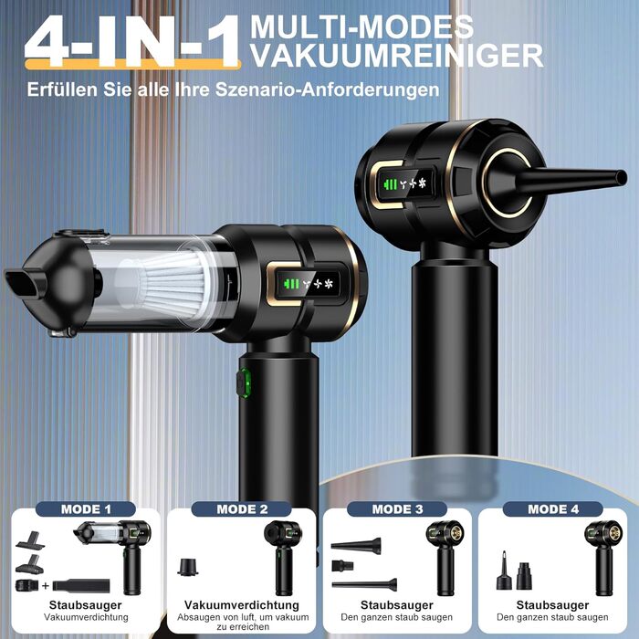 Акумуляторний ручний пилосос 4-в-1 для авто та дому з LCD-дисплеєм, потужність 28000Па, 3 режими роботи, бездротовий міні-пилосос від шерсті та пилу, чорний
