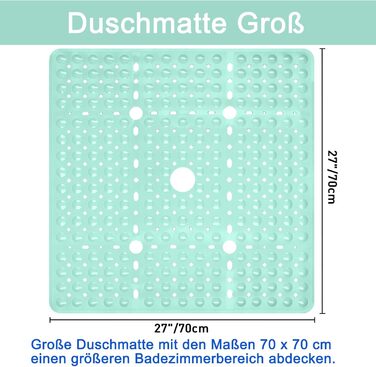Нековзний килимок для душу 70x70 см, швидковисихаючий, без бісфенолу А, з присосками (Квадрат, М'ята)
