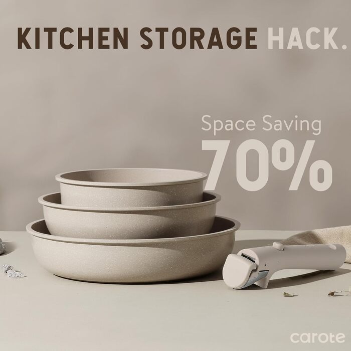 CAROTE Набір посуду 19 предметів з антипригарним покриттям, знімні ручки, для індукційних плит, тауп