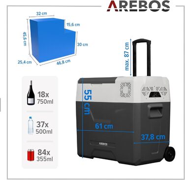 Автомобільний компресор-холодильник Arebos 47л з колесами: Електрична сумка-морозильник з APP, USB, 12/24/230V для авто, кемпінгу, човна