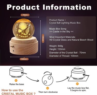 Музична скринька з кришталевою кулею BIAOQINBO, Музична скринька зі склом 3D K9, що обертається дерев'яна підставка, нічник з проекцією, подарунки для жінок, подарунок мамі на день Народження, День Святого Валентина (троянди на День Святого Валентина)