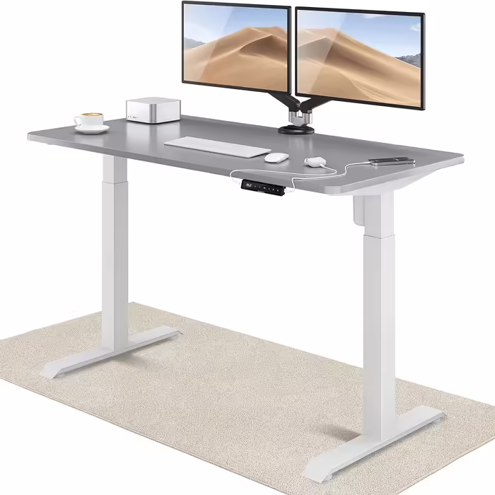 Електричний регульований стіл Desktronic 140x70 см, біло-сірий, з сенсорним управлінням і вбудованими зарядними портами
